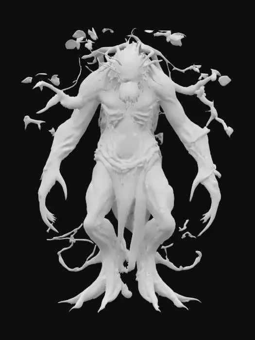 3D model for fantasy humanoid plant elemental warrior, twisted thorny body, long tendrils instead of hands, body covered in thorns and leaves, indistinct face, toothy jaw or otherwise effective mouth, extremely details, high resolution texture, epic stance, #game figure#