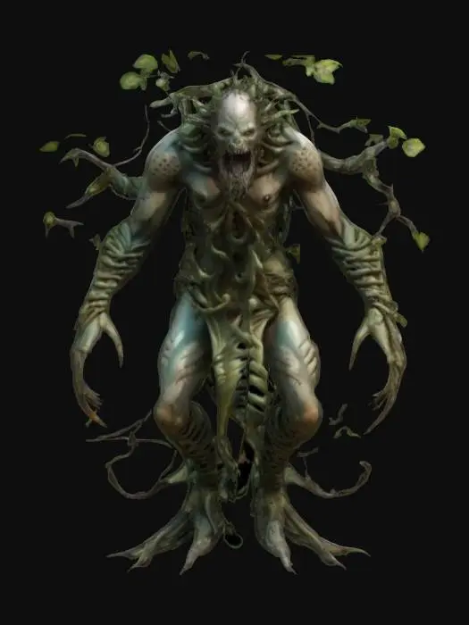 3D model for fantasy humanoid plant elemental warrior, twisted thorny body, long tendrils instead of hands, body covered in thorns and leaves, indistinct face, toothy jaw or otherwise effective mouth, extremely details, high resolution texture, epic stance, #game figure#