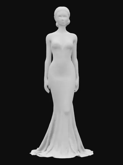3D model for female elegant, slim tall body, empty hands along the body, elegantly dressed evening wear, pretty face in high detail, small ornaments on the body, extremely detailed, high resolution texture, epic stance