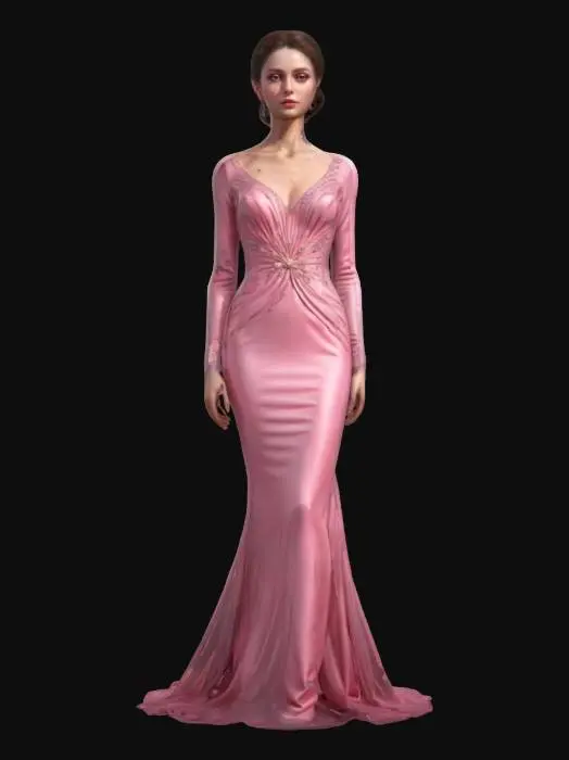3D model for female elegant, slim tall body, empty hands along the body, elegantly dressed evening wear, pretty face in high detail, small ornaments on the body, extremely detailed, high resolution texture, epic stance