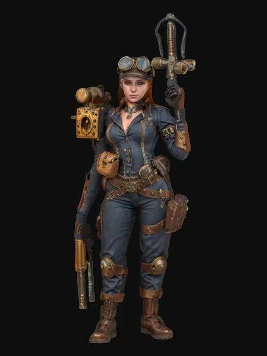 3D model for fantasy female steampunk repairman, elegant body, various devices attached to the body, steampunk work clothes, weapon in hand, detailed nice face, extremely detailed, high resolution texture, epic stance
