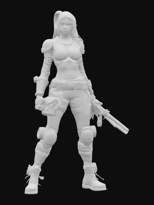 3D model for fantasy female steampunk repairman, elegant body, various devices attached to the body, steampunk work clothes, weapon in hand, detailed nice face, extremely detailed, high resolution texture, epic stance