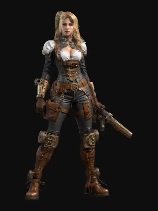 3D model for fantasy female steampunk repairman, elegant body, various devices attached to the body, steampunk work clothes, weapon in hand, detailed nice face, extremely detailed, high resolution texture, epic stance