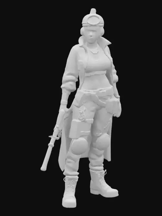 3D model for fantasy female steampunk repairman, elegant body, various devices attached to the body, steampunk work clothes, weapon in hand, detailed nice face, extremely detailed, high resolution texture, epic stance