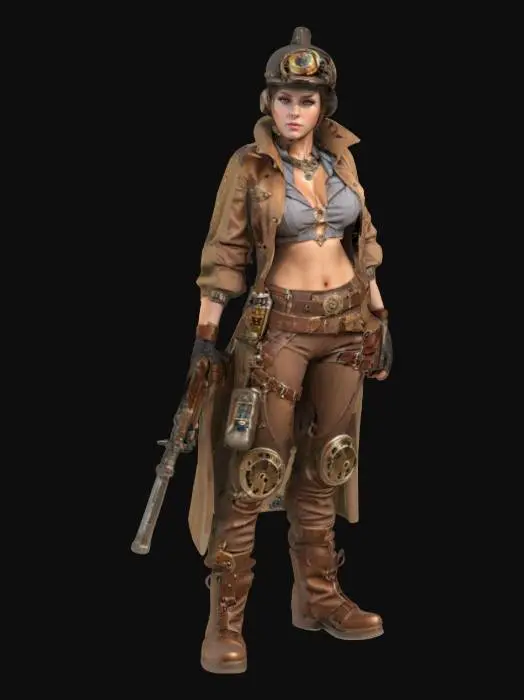 3D model for fantasy female steampunk repairman, elegant body, various devices attached to the body, steampunk work clothes, weapon in hand, detailed nice face, extremely detailed, high resolution texture, epic stance