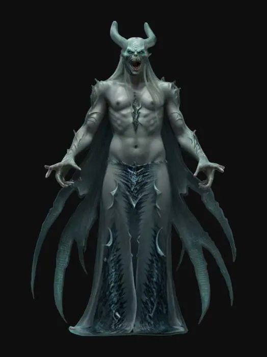 3D model for fantasy sea vampire, massive graceful body, floating in the water, body covered in scales and robe fluttering in the water, limbs ending in fins, detailed demonic face with bared teeth, extremely detailed, high resolution texture, epic stance