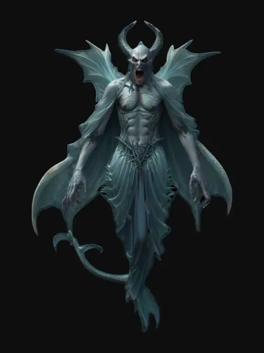 3D model for fantasy sea vampire, massive graceful body, floating in the water, body covered in scales and robe fluttering in the water, limbs ending in fins, detailed demonic face with bared teeth, extremely detailed, high resolution texture, epic stance