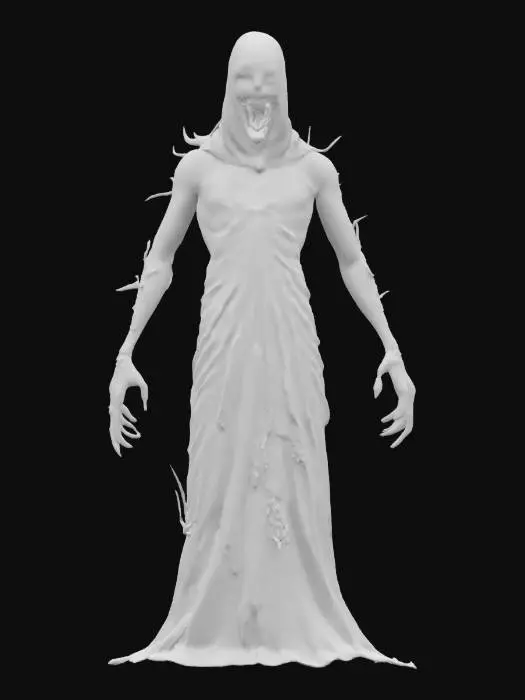 3D model for fantasy terrifying ghost, massive disjointed body floating in the air, torn clothes, brightly glowing symbols in places on the body, huge mouth full of teeth, detailed face with shining eyes, extremely detailed, high resolution texture, epic stance