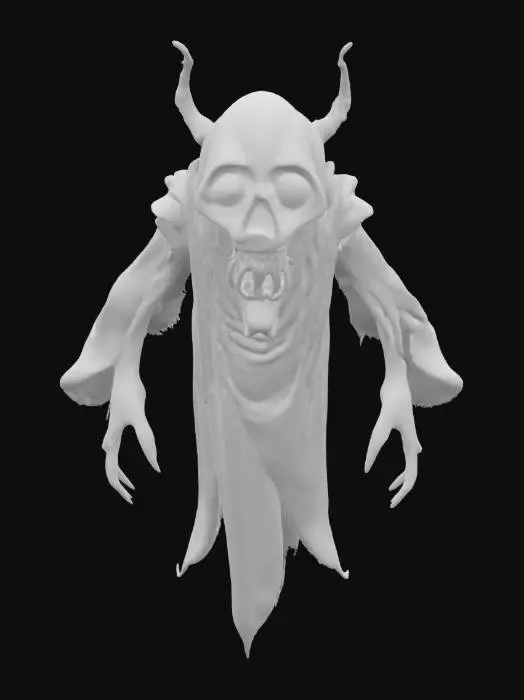 3D model for fantasy terrifying ghost, massive disjointed body floating in the air, torn clothes, brightly glowing symbols in places on the body, huge mouth full of teeth, detailed face with shining eyes, extremely detailed, high resolution texture, epic stance