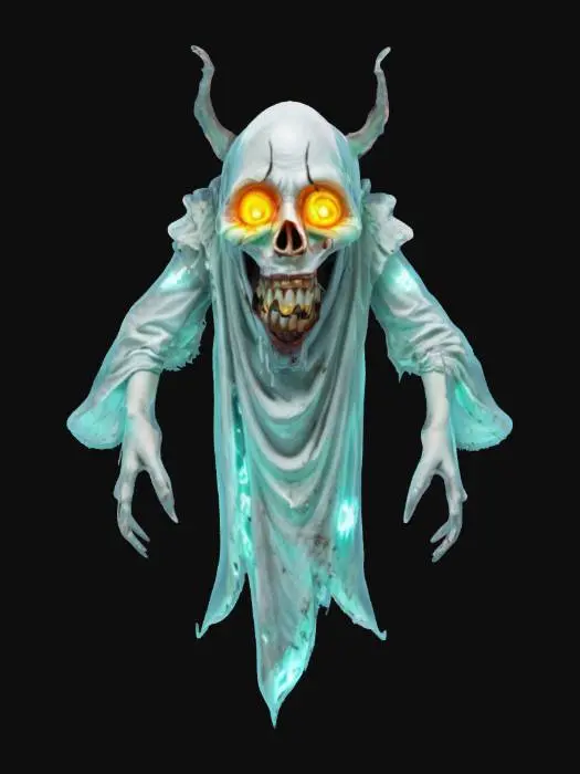 3D model for fantasy terrifying ghost, massive disjointed body floating in the air, torn clothes, brightly glowing symbols in places on the body, huge mouth full of teeth, detailed face with shining eyes, extremely detailed, high resolution texture, epic stance