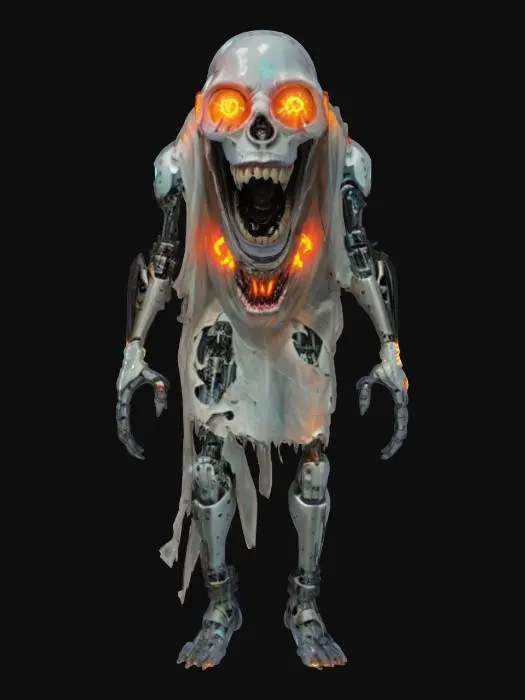 3D model for futuristic cyborg terrifying ghost, massive disjointed body floating in the air, torn clothes, brightly glowing symbols in places on the body, huge mouth full of teeth, detailed face with shining eyes, extremely detailed, high resolution texture, epic stance