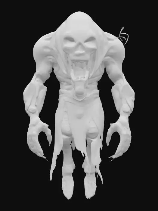 3D model for futuristic cyborg terrifying ghost, massive disjointed body floating in the air, torn clothes, brightly glowing symbols in places on the body, huge mouth full of teeth, detailed face with shining eyes, extremely detailed, high resolution texture, epic stance