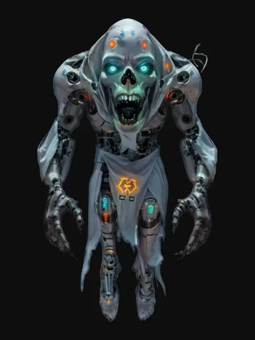 3D model for futuristic cyborg terrifying ghost, massive disjointed body floating in the air, torn clothes, brightly glowing symbols in places on the body, huge mouth full of teeth, detailed face with shining eyes, extremely detailed, high resolution texture, epic stance