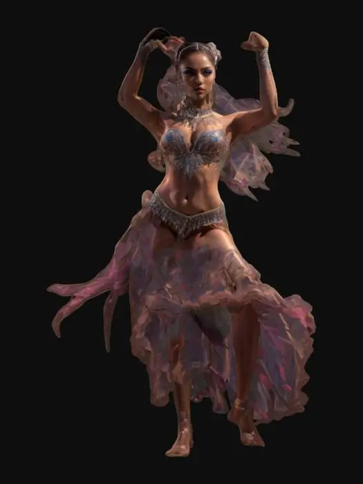 3D model for fantasy female dancer, slim graceful body, latin dance outfit, graceful movements, in action, beautiful detailed face, extremely detailed, high resolution texture, epic stance