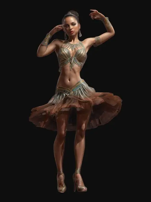 3D model for fantasy female dancer, slim graceful body, latin dance outfit, graceful movements, in action, beautiful detailed face, extremely detailed, high resolution texture, epic stance
