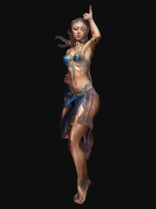 3D model for fantasy female dancer, slim graceful body, latin dance outfit, graceful movements, in action, beautiful detailed face, extremely detailed, high resolution texture, epic stance