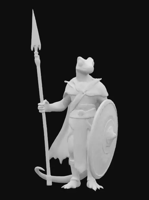 3D model for fantasy humanoid lizard agama warrior, slender shiny body covered in scales, combat weapons in hand, in attack, clothing simple robe with leather armor, extremely detailed, high resolution texture, epic stance