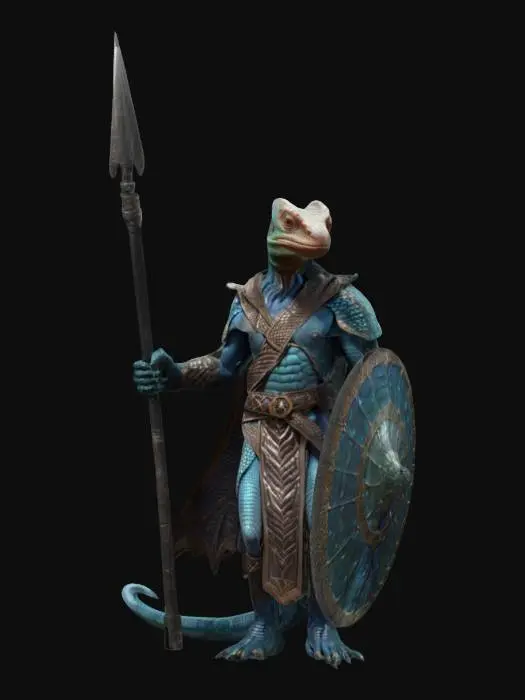 3D model for fantasy humanoid lizard agama warrior, slender shiny body covered in scales, combat weapons in hand, in attack, clothing simple robe with leather armor, extremely detailed, high resolution texture, epic stance