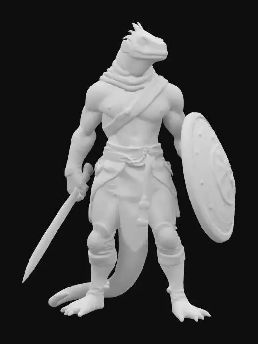 3D model for fantasy humanoid lizard agama warrior, slender shiny body covered in scales, combat weapons in hand, in attack, clothing simple robe with leather armor, extremely detailed, high resolution texture, epic stance