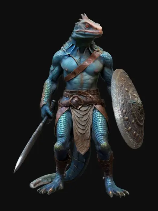 3D model for fantasy humanoid lizard agama warrior, slender shiny body covered in scales, combat weapons in hand, in attack, clothing simple robe with leather armor, extremely detailed, high resolution texture, epic stance