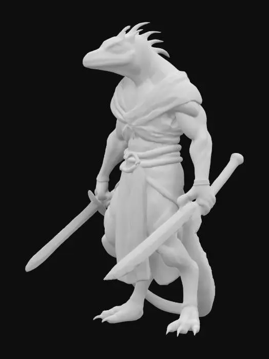 3D model for fantasy humanoid lizard agama warrior, slender shiny body covered in scales, combat weapons in hand, in attack, clothing simple robe with leather armor, extremely detailed, high resolution texture, epic stance