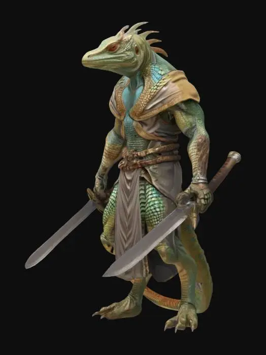 3D model for fantasy humanoid lizard agama warrior, slender shiny body covered in scales, combat weapons in hand, in attack, clothing simple robe with leather armor, extremely detailed, high resolution texture, epic stance