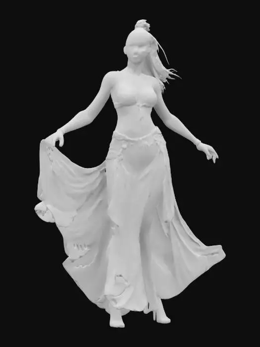 3D model for fantasy female dancer, slim graceful body, latin dance outfit, graceful movements, in action, beautiful detailed face, extremely detailed, high resolution texture, epic stance