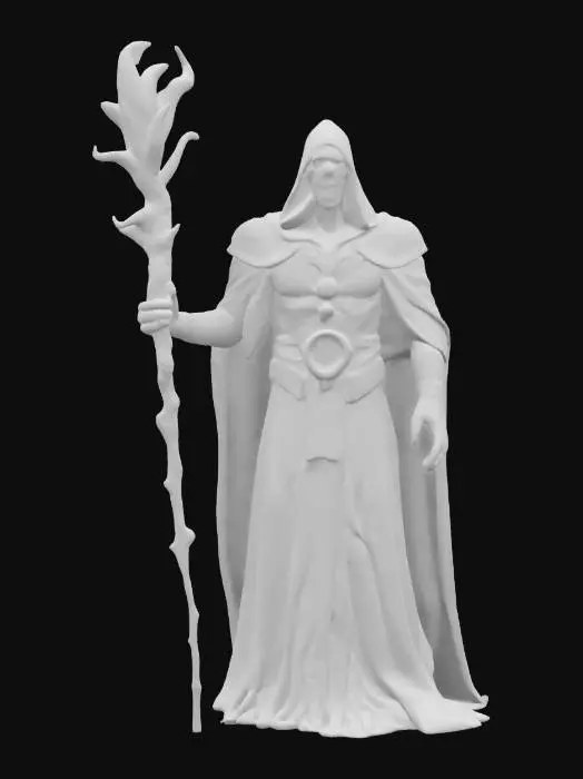 3D model for fantasy grim sorcerer, slim bent body, elegant robe on body, holding staff in hand, glowing symbols and amulets on clothing, detailed scary face, extremely detailed, high resolution texture, epic stance