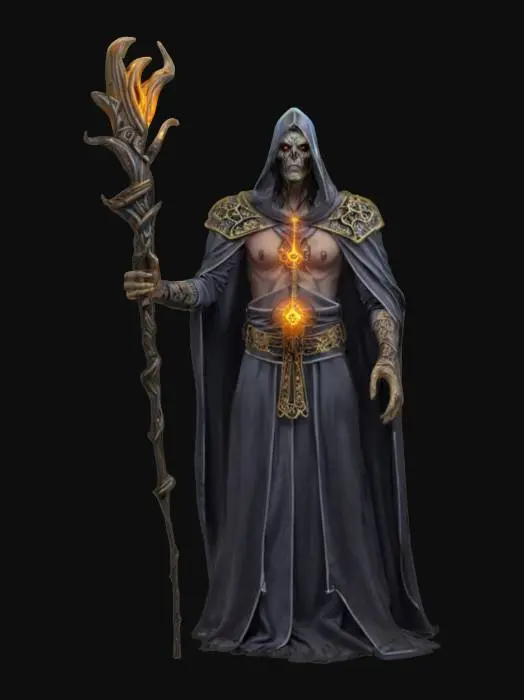 3D model for fantasy grim sorcerer, slim bent body, elegant robe on body, holding staff in hand, glowing symbols and amulets on clothing, detailed scary face, extremely detailed, high resolution texture, epic stance