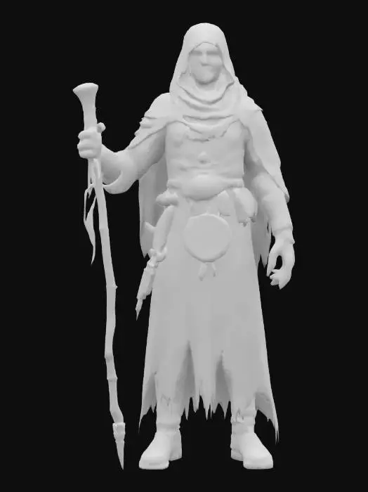 3D model for fantasy grim sorcerer, slim bent body, elegant robe on body, holding staff in hand, glowing symbols and amulets on clothing, detailed scary face, extremely detailed, high resolution texture, epic stance