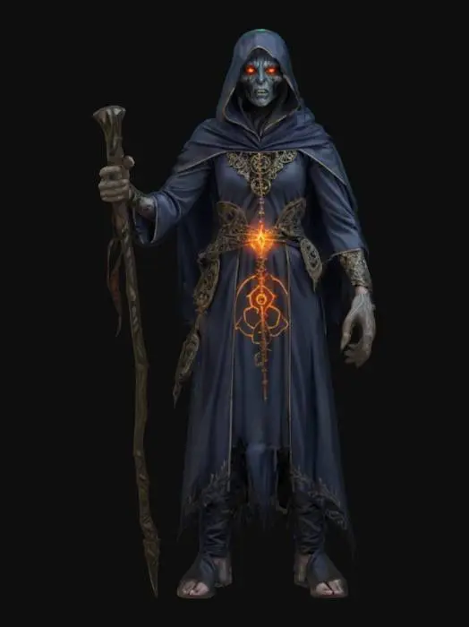 3D model for fantasy grim sorcerer, slim bent body, elegant robe on body, holding staff in hand, glowing symbols and amulets on clothing, detailed scary face, extremely detailed, high resolution texture, epic stance