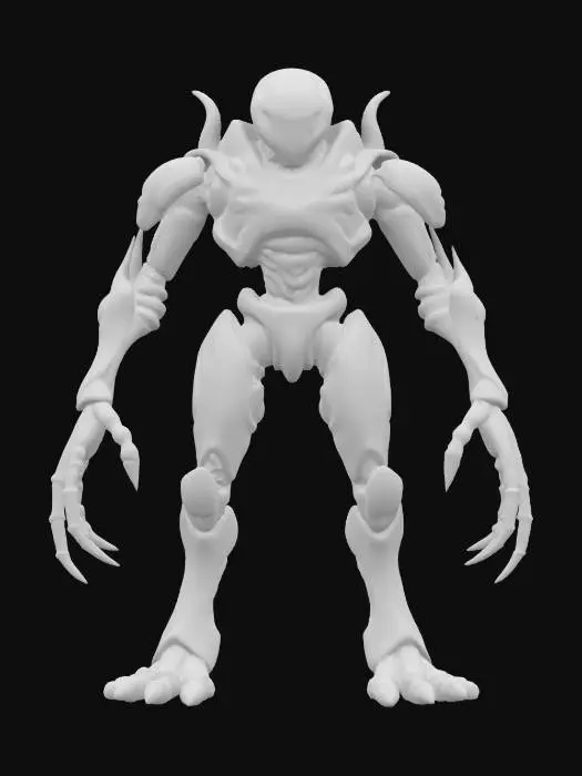 3D model for sci-fi machine warrior, body of elegant solid construction, several limbs capable of grasping objects, technological tentacles on the back of the body, body covered in silk plastic-metal radiating vibrant color, small head with glowing eyes, extremely details, high resolution texture, epic stance