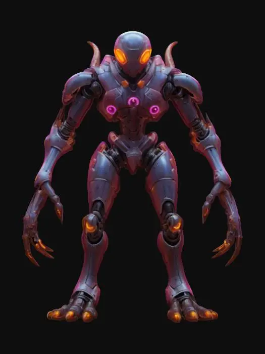 3D model for sci-fi machine warrior, body of elegant solid construction, several limbs capable of grasping objects, technological tentacles on the back of the body, body covered in silk plastic-metal radiating vibrant color, small head with glowing eyes, extremely details, high resolution texture, epic stance