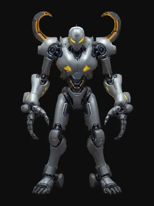 3D model for sci-fi machine warrior, body of elegant solid construction, several limbs capable of grasping objects, technological tentacles on the back of the body, body covered in silk plastic-metal radiating vibrant color, small head with glowing eyes, extremely details, high resolution texture, epic stance