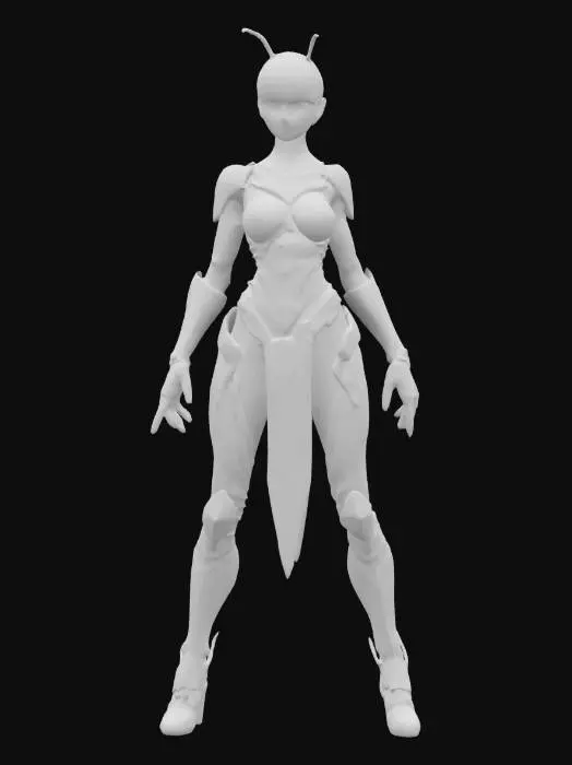 3D model for futuristic female bioorganic punk style, entire body made up of individual parts similar to a beetle, individual body parts armored, arms around the body or at the hip, trimmed short hair, artificial delicate detailed face, extremely detailed, texture with high resolution, epic stance, #fairy#