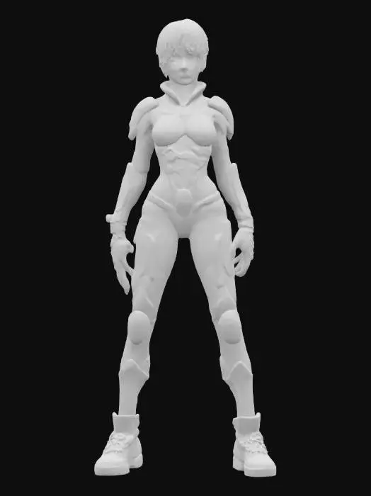 3D model for futuristic female bioorganic punk style, entire body made up of individual parts similar to a beetle, individual body parts armored, arms around the body or at the hip, trimmed short hair, artificial delicate detailed face, extremely detailed, texture with high resolution, epic stance, #fairy#