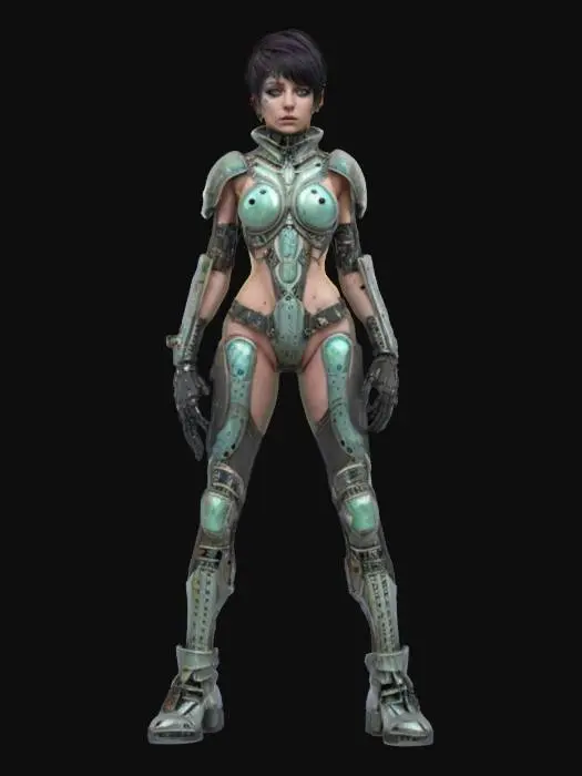 3D model for futuristic female bioorganic punk style, entire body made up of individual parts similar to a beetle, individual body parts armored, arms around the body or at the hip, trimmed short hair, artificial delicate detailed face, extremely detailed, texture with high resolution, epic stance, #fairy#