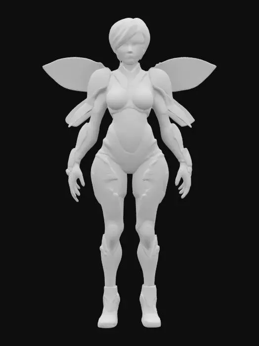 3D model for futuristic female bioorganic punk style, entire body made up of individual parts similar to a beetle, individual body parts armored, arms around the body or at the hip, trimmed short hair, artificial delicate detailed face, extremely detailed, texture with high resolution, epic stance, #fairy#