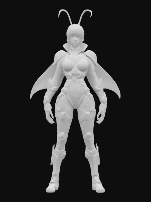3D model for futuristic female bioorganic punk style, entire body made up of individual parts similar to a beetle, individual body parts armored, arms around the body or at the hip, trimmed short hair, artificial delicate detailed face, extremely detailed, texture with high resolution, epic stance, #fairy#