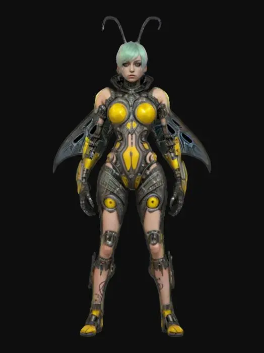 3D model for futuristic female bioorganic punk style, entire body made up of individual parts similar to a beetle, individual body parts armored, arms around the body or at the hip, trimmed short hair, artificial delicate detailed face, extremely detailed, texture with high resolution, epic stance, #fairy#