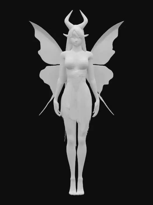 3D model for fantasy demonic fairy, slim elegant body, light short dress, dress studded with demonic symbols, long and well-groomed hair, highly detailed face, extremely detailed, high resolution texture, ultra realistic, epic stance, #fairy#