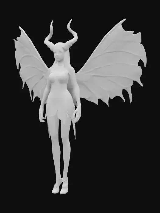 3D model for fantasy demonic fairy, slim elegant body, light short dress, dress studded with demonic symbols, long and well-groomed hair, highly detailed face, extremely detailed, high resolution texture, ultra realistic, epic stance, #fairy#