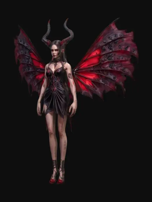3D model for fantasy demonic fairy, slim elegant body, light short dress, dress studded with demonic symbols, long and well-groomed hair, highly detailed face, extremely detailed, high resolution texture, ultra realistic, epic stance, #fairy#