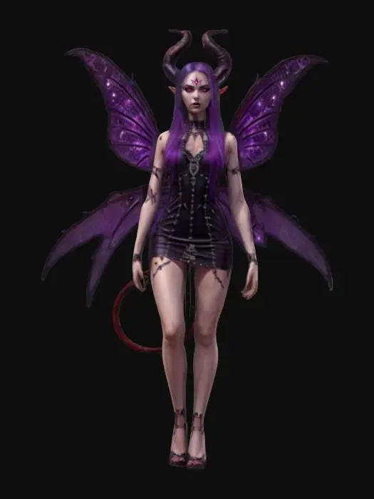 3D model for fantasy demonic fairy, slim elegant body, light short dress, dress studded with demonic symbols, long and well-groomed hair, highly detailed face, extremely detailed, high resolution texture, ultra realistic, epic stance, #fairy#