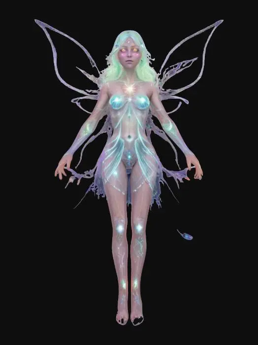 3D model for fantasy astral fairy, translucent body made of stardust, body floating in space, hair from nebulous, eyes like miniature stars without pupils, wings resembling aurora borealis, instead of a headdress levitating crystals and a light ring, detailed beautiful face, extremely detailed, high resolution texture, epic stance, #fairy#
