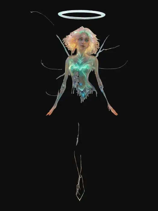 3D model for fantasy astral fairy, translucent body made of stardust, body floating in space, hair from nebulous, eyes like miniature stars without pupils, wings resembling aurora borealis, instead of a headdress levitating crystals and a light ring, detailed beautiful face, extremely detailed, high resolution texture, epic stance, #fairy#