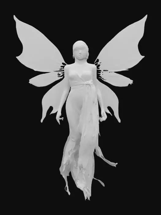 3D model for fantasy magical fairy, elegant slender body floating in the air, long flowing robe without decor, large silver-transparent wings dotted with sparkles, detailed beautiful young face, the whole figure radiates magical light, extremely detailed, high resolution texture, epic stance, #fairy#