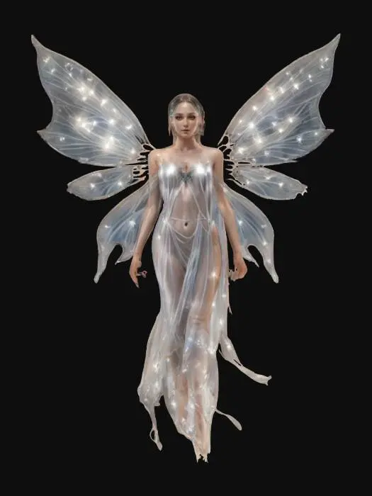 3D model for fantasy magical fairy, elegant slender body floating in the air, long flowing robe without decor, large silver-transparent wings dotted with sparkles, detailed beautiful young face, the whole figure radiates magical light, extremely detailed, high resolution texture, epic stance, #fairy#
