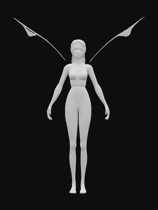 3D model for fantasy magical fairy, elegant slender body floating in the air, long flowing robe without decor, large silver-transparent wings dotted with sparkles, detailed beautiful young face, the whole figure radiates magical light, extremely detailed, high resolution texture, epic stance, #fairy#