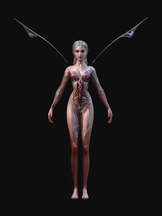 3D model for fantasy magical fairy, elegant slender body floating in the air, long flowing robe without decor, large silver-transparent wings dotted with sparkles, detailed beautiful young face, the whole figure radiates magical light, extremely detailed, high resolution texture, epic stance, #fairy#